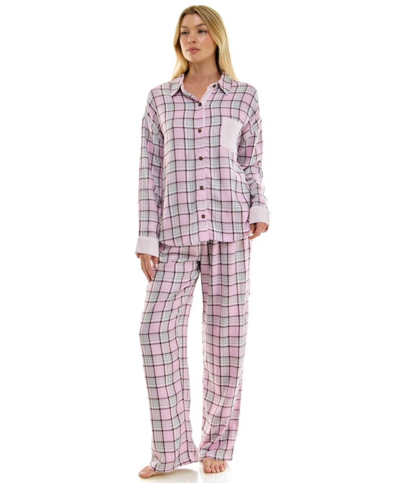 Women's Flannel Collared Long-Sleeve Shirt and Pant Pajama Set