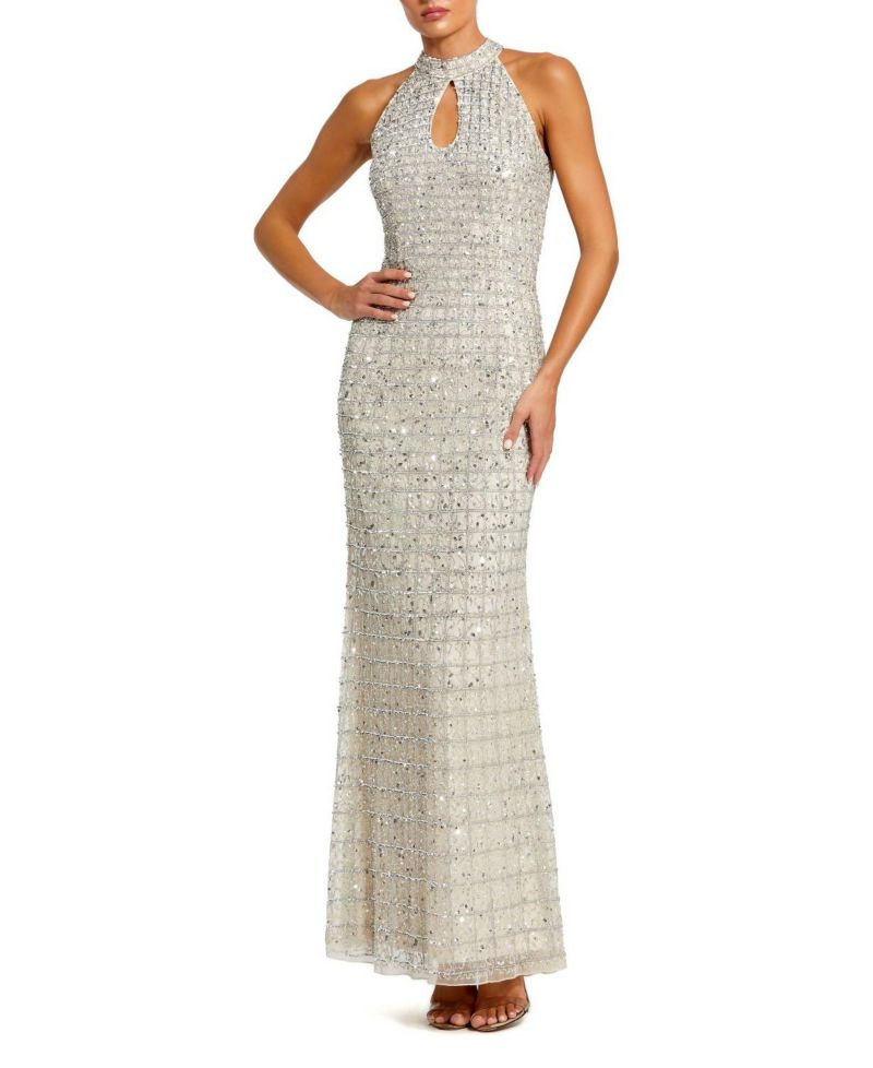 Women's Embellished Halter Neck Keyhole Gown