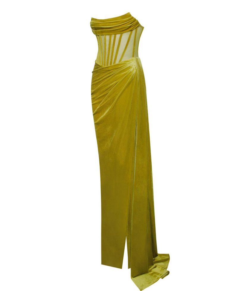 Women's Priya Gold Draping Corset High Slit Velvet Gown