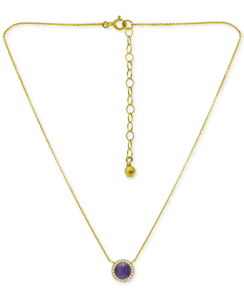 Amethyst/Gold & Cubic Zirconia Halo Pendant Necklace in 18k Gold-Plated Sterling Silver, 16" + 2" extender