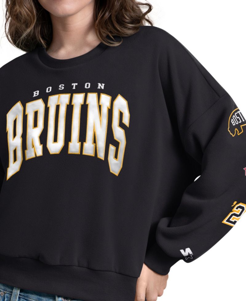Women's Black Boston Bruins Fan Catch Applique Sleeve Print Sweatshirt