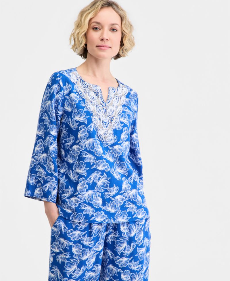 Women's Split-Neck Beaded Linen-Blend 3/4-Sleeve Top