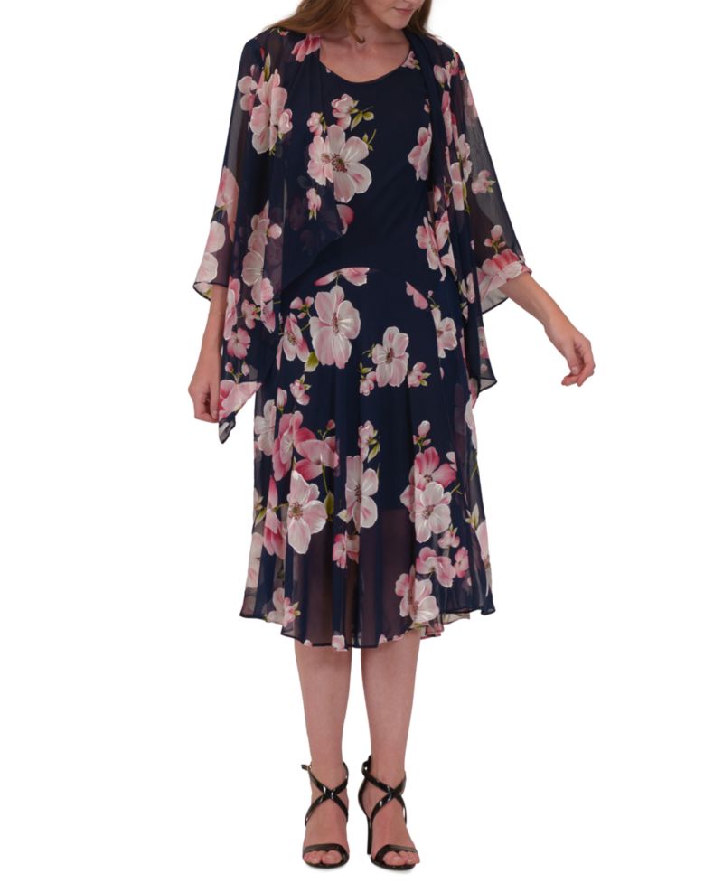 Plus Size Floral Print Open-Front Chiffon Jacket Dress
