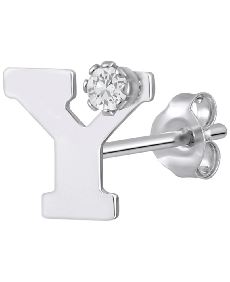 White Topaz Accent Initial Single Stud Earring in 14K Gold (Also Available in 14k White Gold)