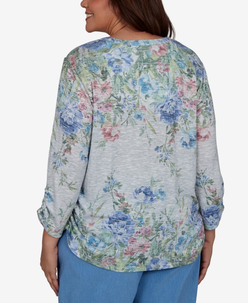 Plus Size Provence Floral Borders 3/4-Sleeve Button-Up Henley Top