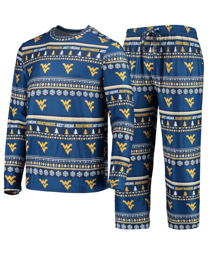 Men's Navy West Virginia Mountaineers Ugly Sweater Long Sleeve T-shirt and Pants Sleep Set