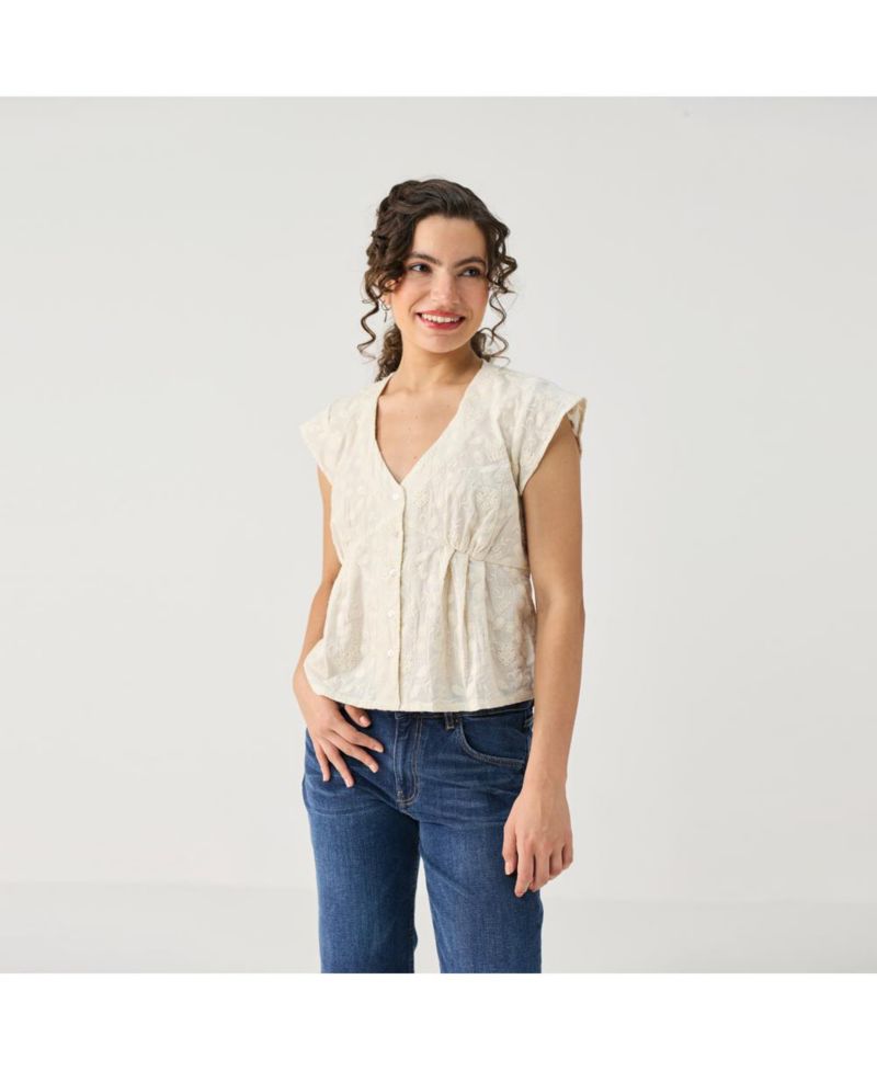 Women's Cream Embroidered Deep V-Neck Top