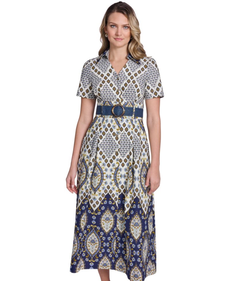Petite Short-Sleeve Belted Collared Shirt-Dress