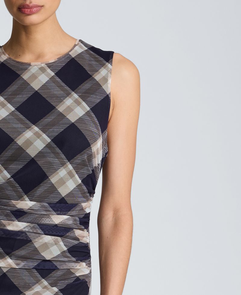 Women's Sleeveless Side Ruched Plaid Midi Dress