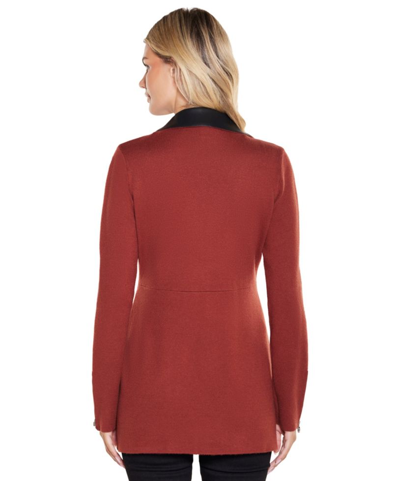 Black Label Women's Faux-Leather Collared Sweater Jacket