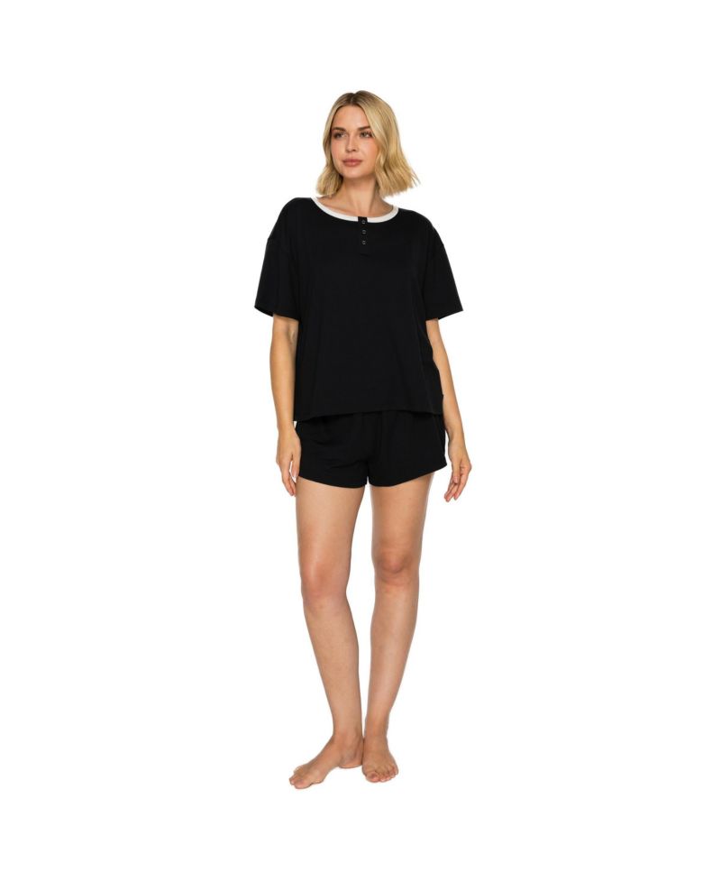 Women's Yummy Henley Short-Sleeve Ribbed-Jersey Top and Shorts Set