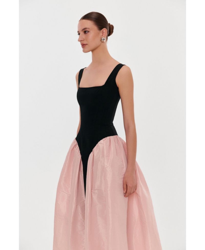 Women's Corset Dress On Straps With A Glossy Midi Skirt