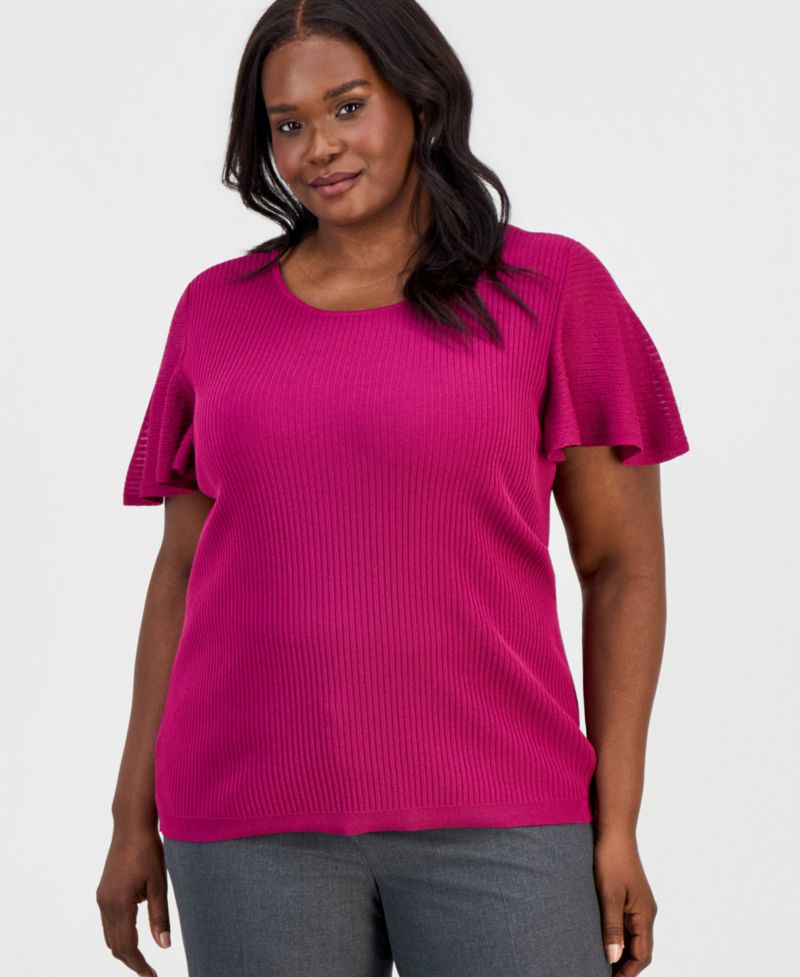 Petite Crewneck Flutter-Sleeve Rib-Knit Sweater