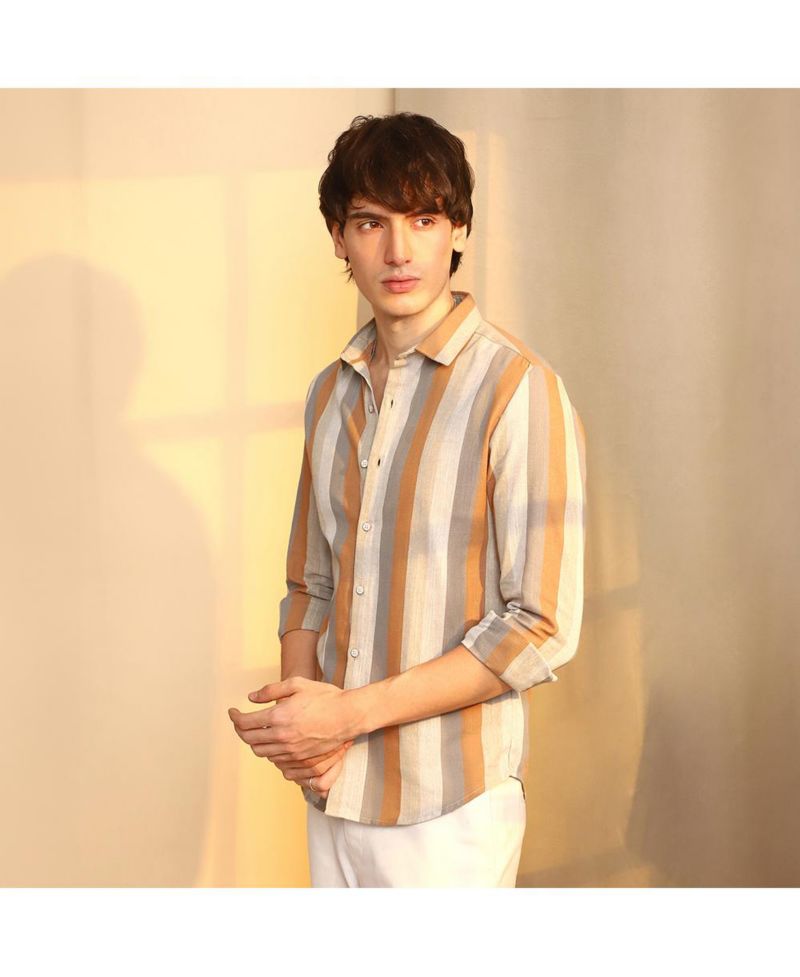 Men's Copper Brown & Peanut Brown Block-Striped Shirt