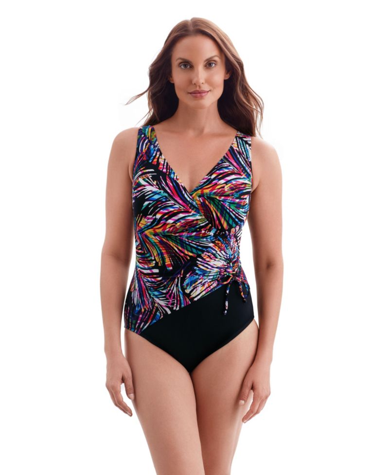 Women's Summer Waves Shirred Faux Tie Surplice Long Torso One-Piece Swimsuit