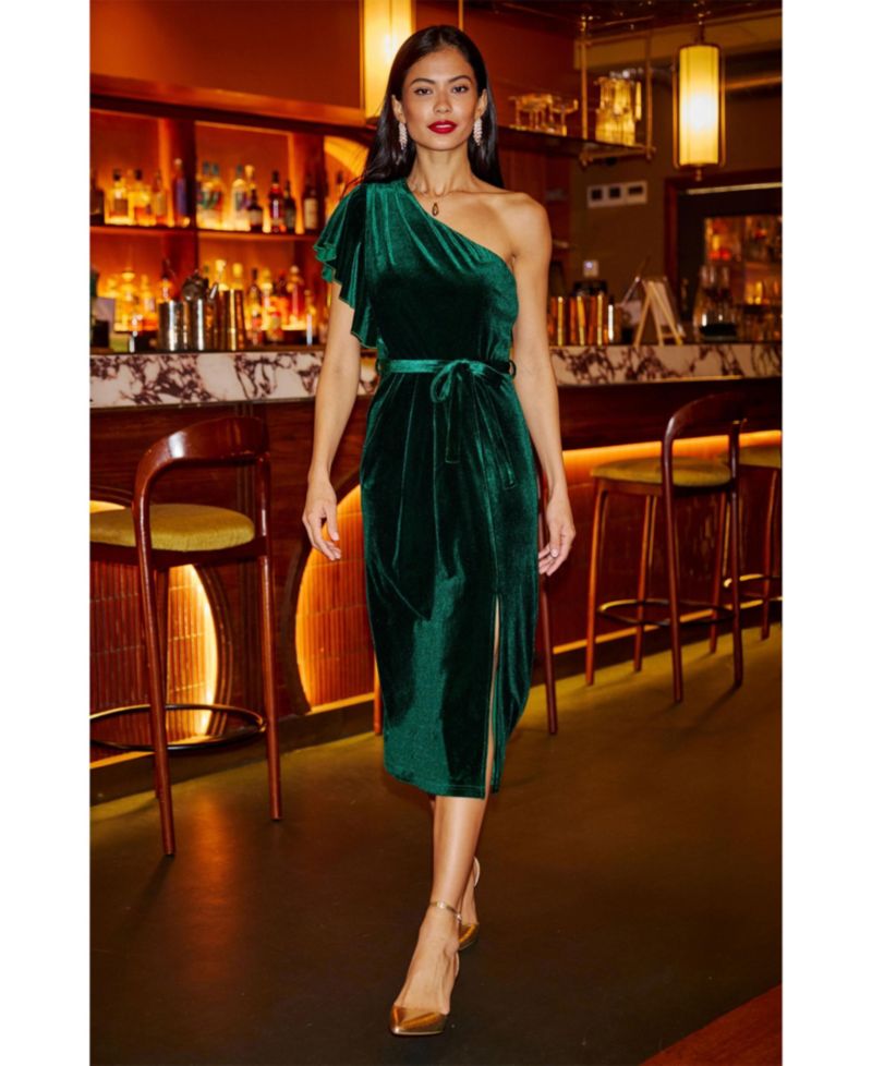 Women's Velvet Frill One Shoulder Midi Dress