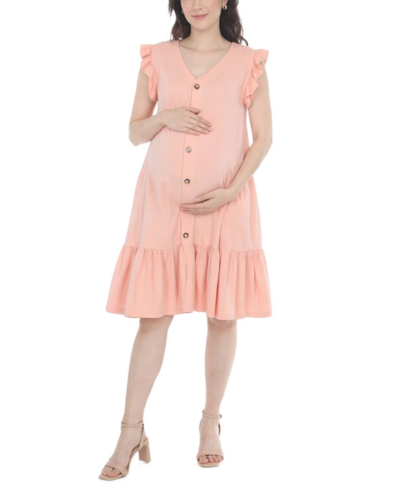 Women's Flutter-Sleeve Button-Front Tiered Maternity Dress