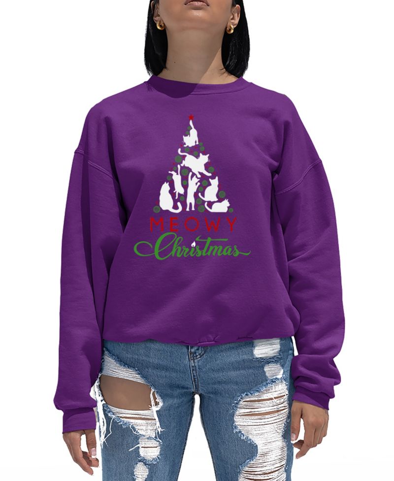 Women's Meowy Christmas Tree Word Art Crewneck Sweatshirt