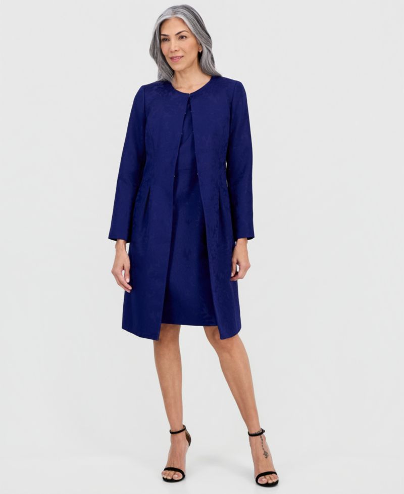 Women's Jacquard Jacket & Round-Neck Sheath 2 Piece Dress Suit