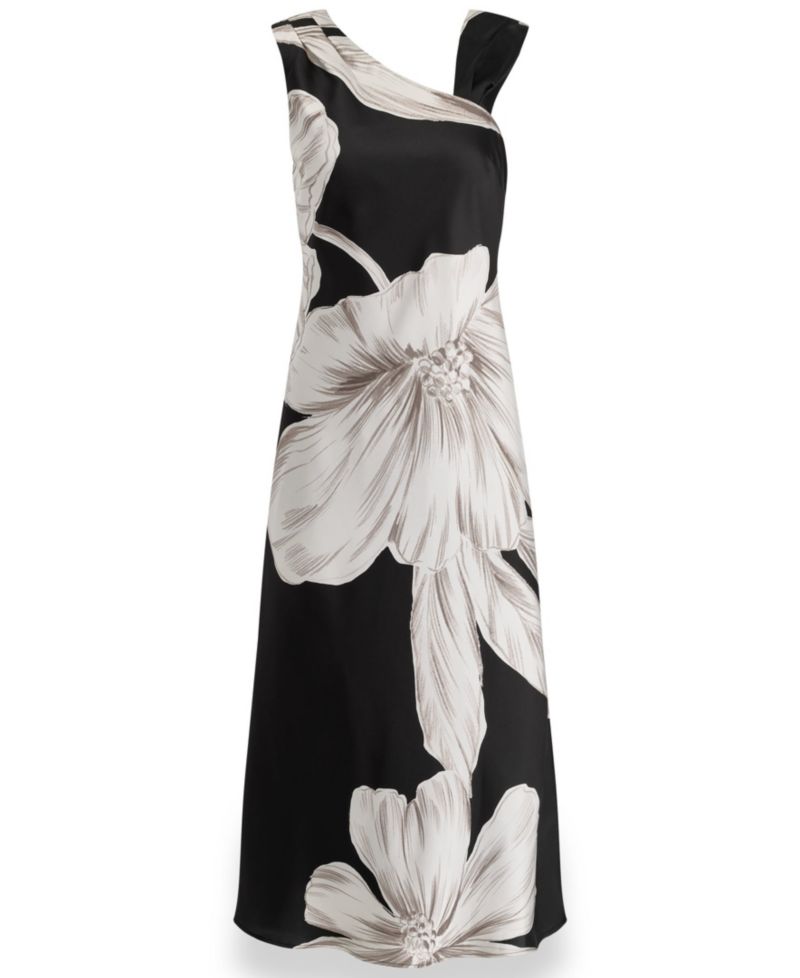 Women's Sleeveless Asymmetrical Neck Floral Midi Dress