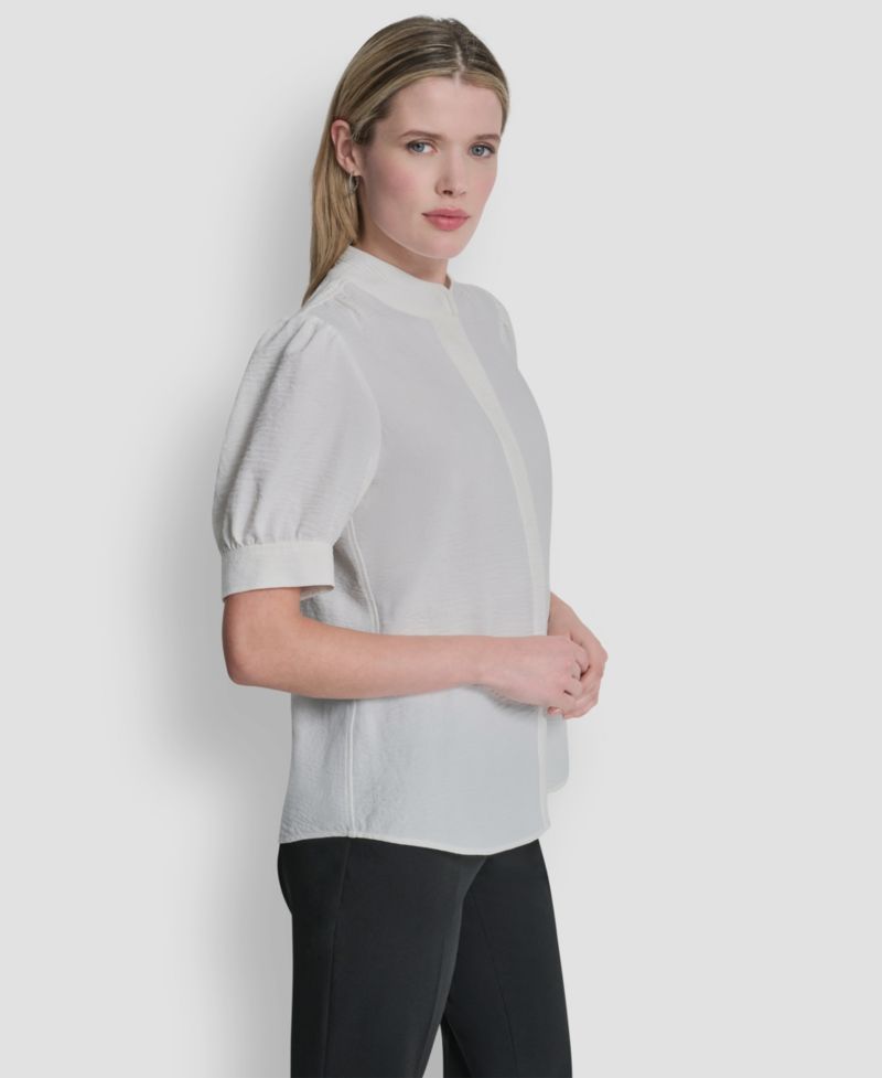 Women's Bell-sleeve Mandarin Collar Textured Blouse