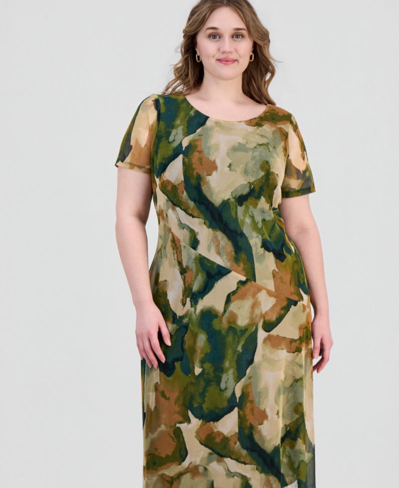 Plus Size Printed Mesh Midi Dress
