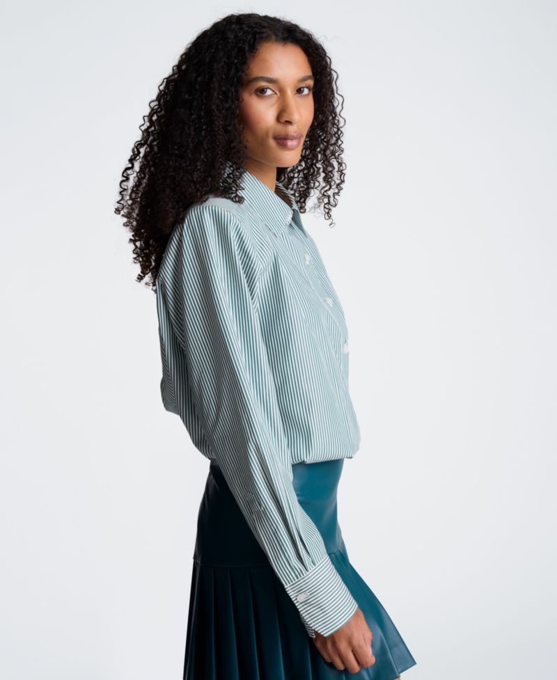 Women's Striped Shoulder Pads Button-Down Crop Shirt