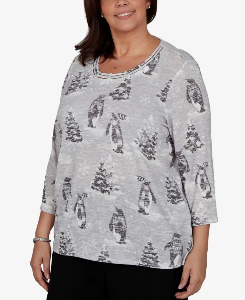 Plus Size Classic Penguins and Trees 3/4 Sleeve Holiday Knit Top
