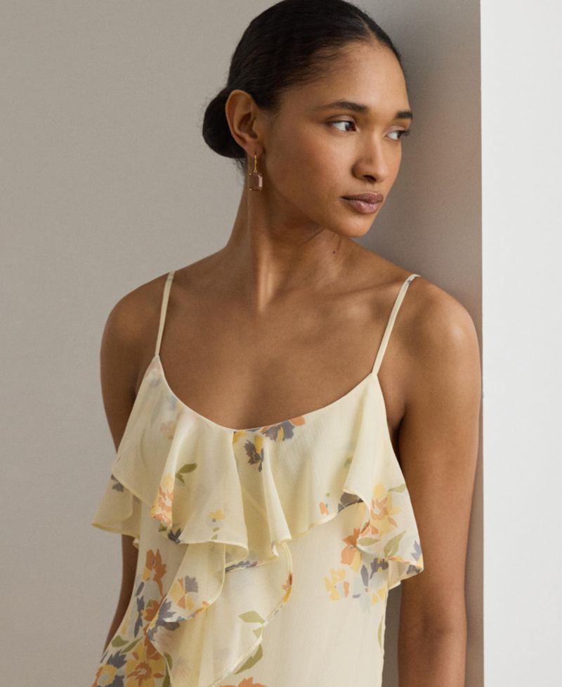 Floral Ruffle-Trim Georgette Gown