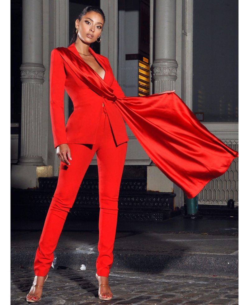 Women's Vayla Red Skinny Fit Crepe Trousers