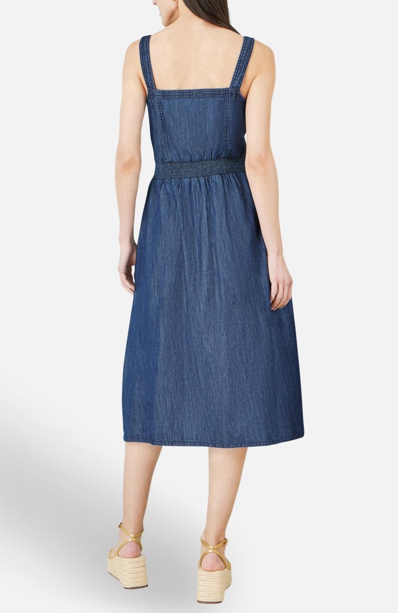 Women's Chambray Cotton Ruched Midi Sun Dress