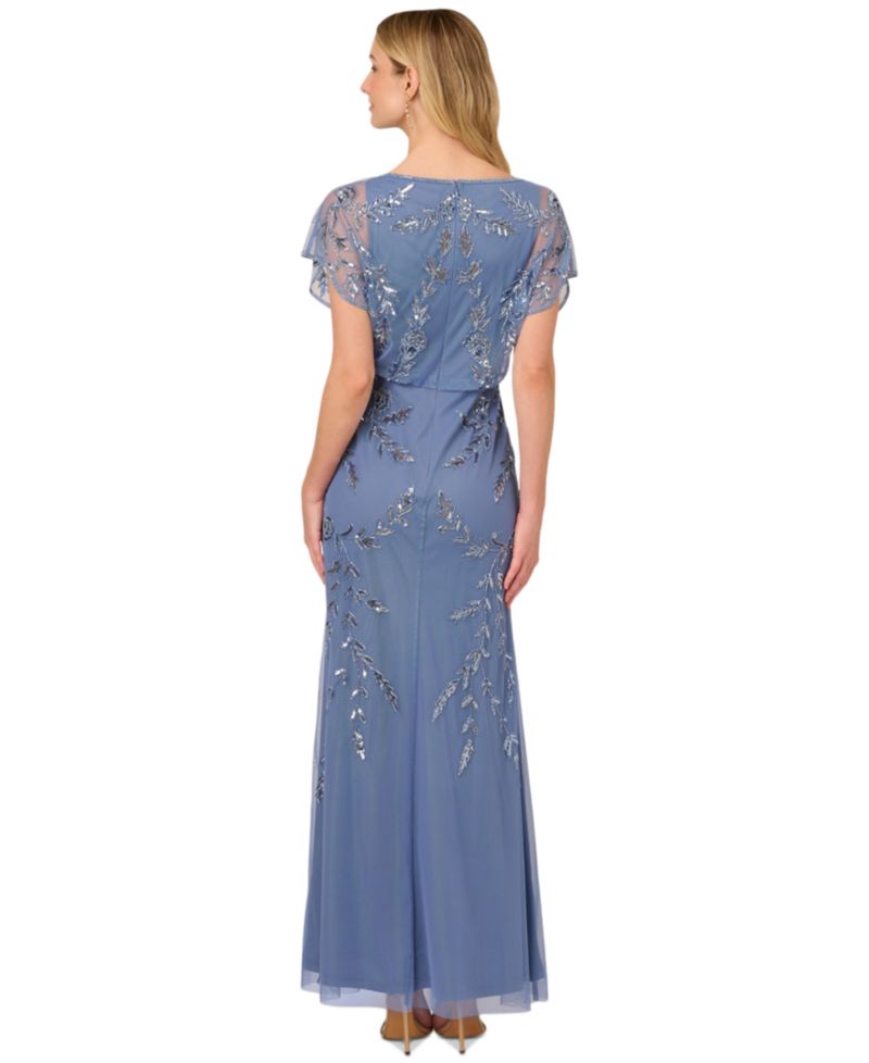 Women's Beaded Flutter-Sleeve Blouson Gown