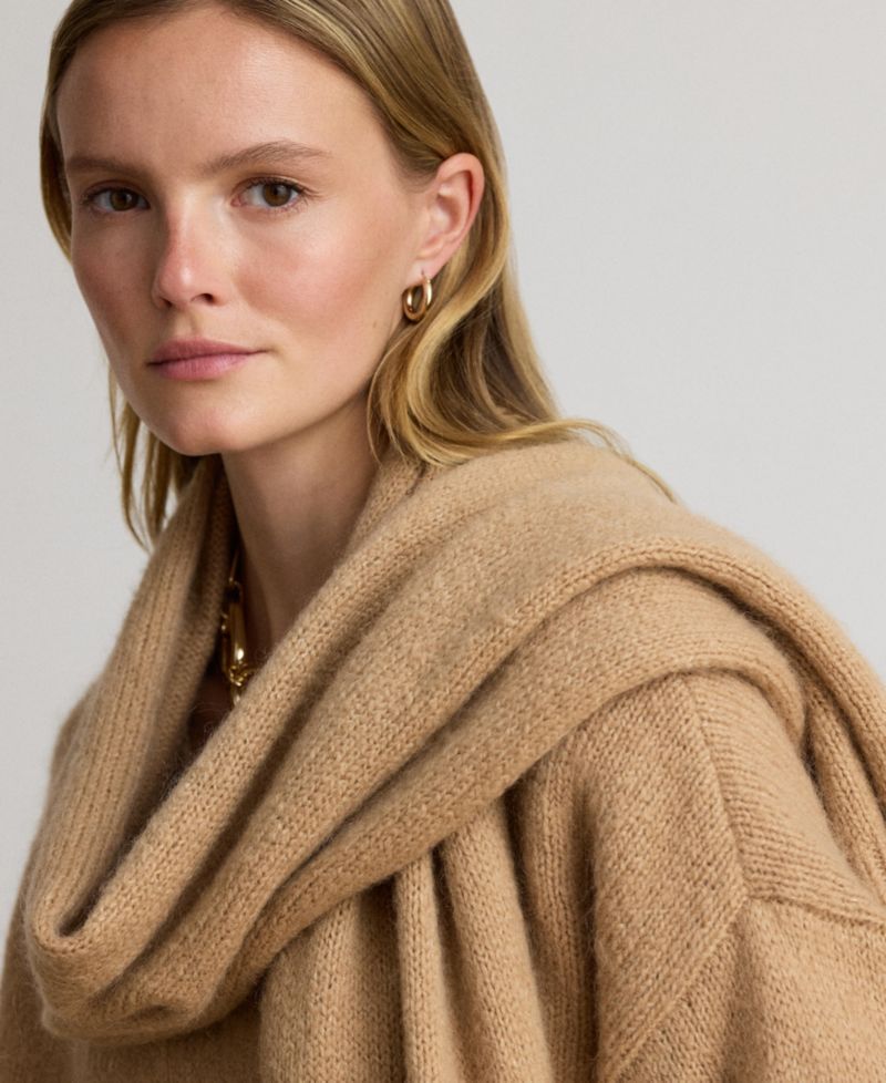 Women's Lofty Mohair Blend-Long Detachable Scarf V-Neck Sweater