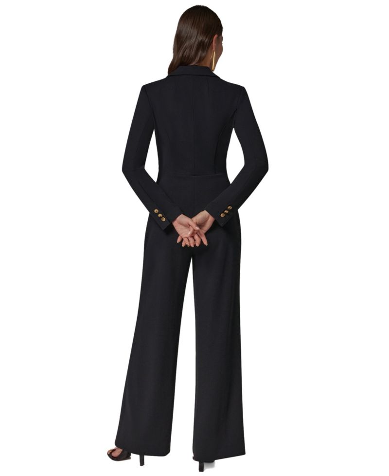 Women's Satin Lapel Long-Sleeve Double-Breasted Wide-Leg Jumpsuit