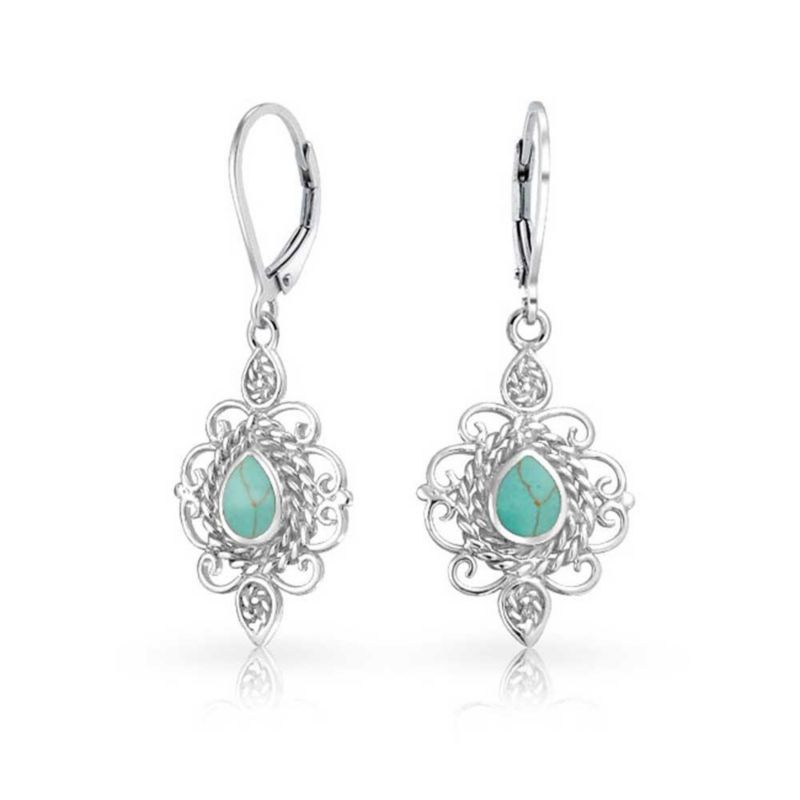 Vintage Style Filigree Turquoise Dangle Earrings Lever Back Sterling Silver