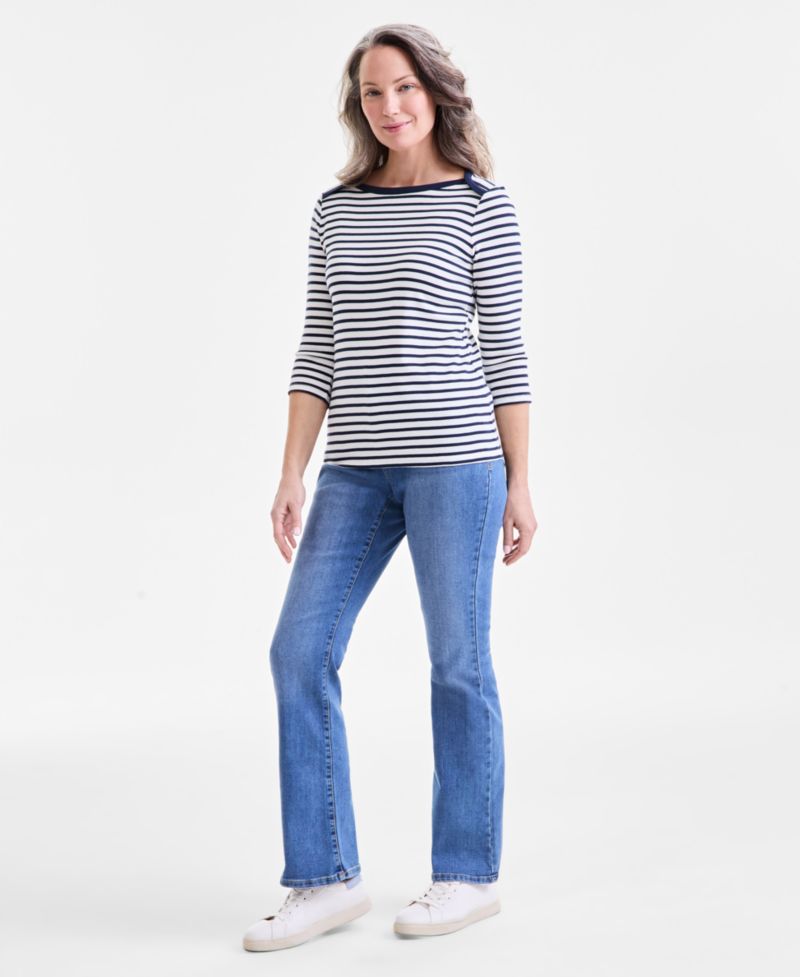Petite Pima Cotton Striped Boat-Neck 3/4-Sleeve Top