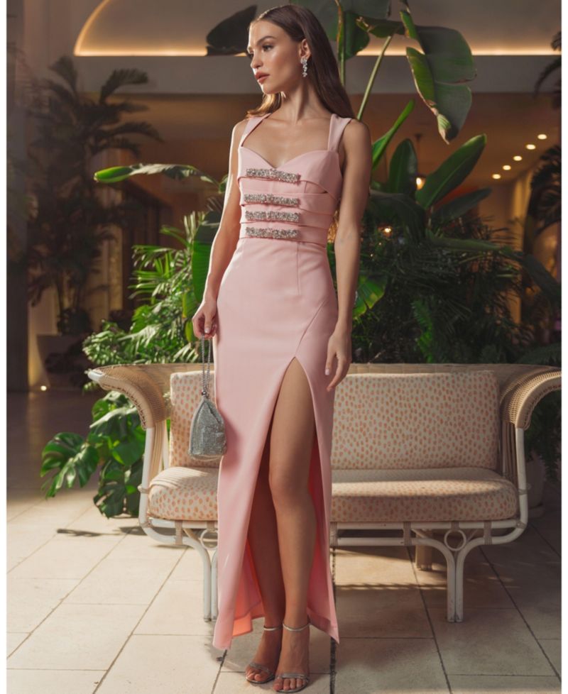 Women's Sleeveless Crepe Gown With Embellished Bows