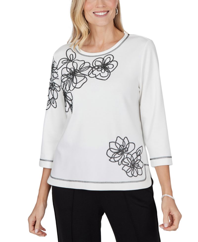 Petite Crewneck 3/4-Sleeve Floral Blouse