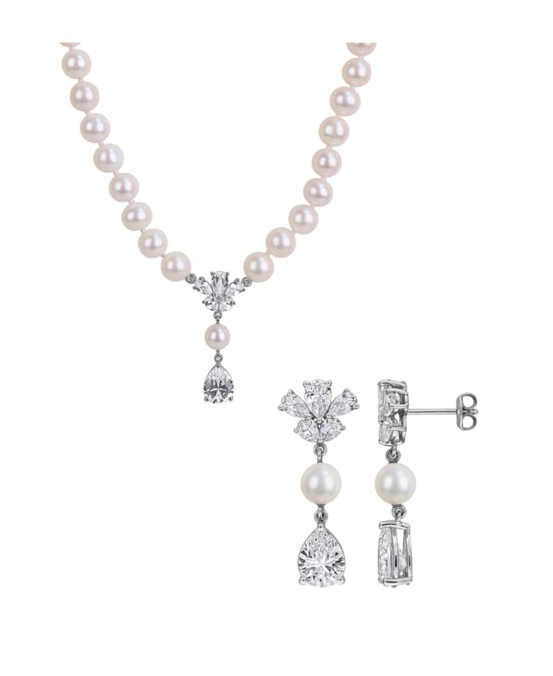 Cultured Freshwater Pearl & Created White Sapphire (8-7/8 ct. t.w.) Drop Earrings in Sterling Silver