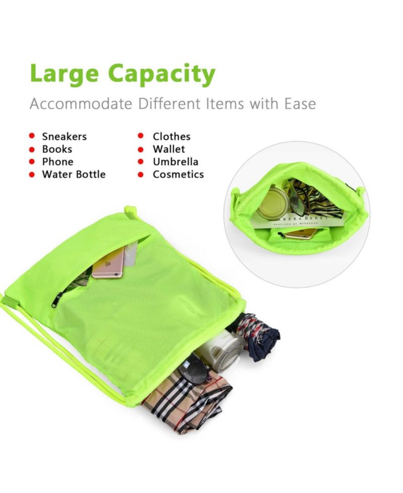 Drawstring Backpack String Bag Foldable Sports Sack with Zipper Pocket-Green