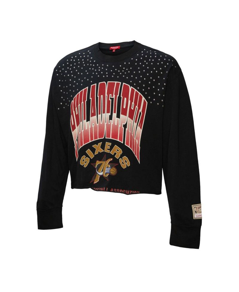 Women's Black Philadelphia 76ers Hardwood Classics Studded Boxy Cropped Long Sleeve T-Shirt