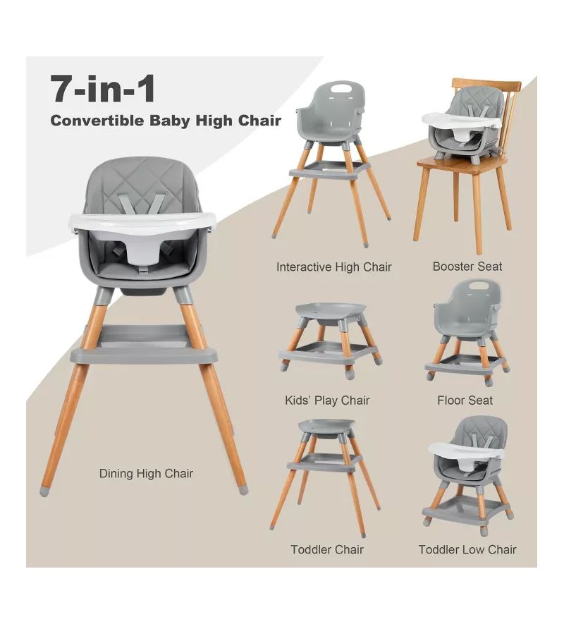 7-in-1 Convertible Baby High Chair with Removable Tray and 5-Point Harness