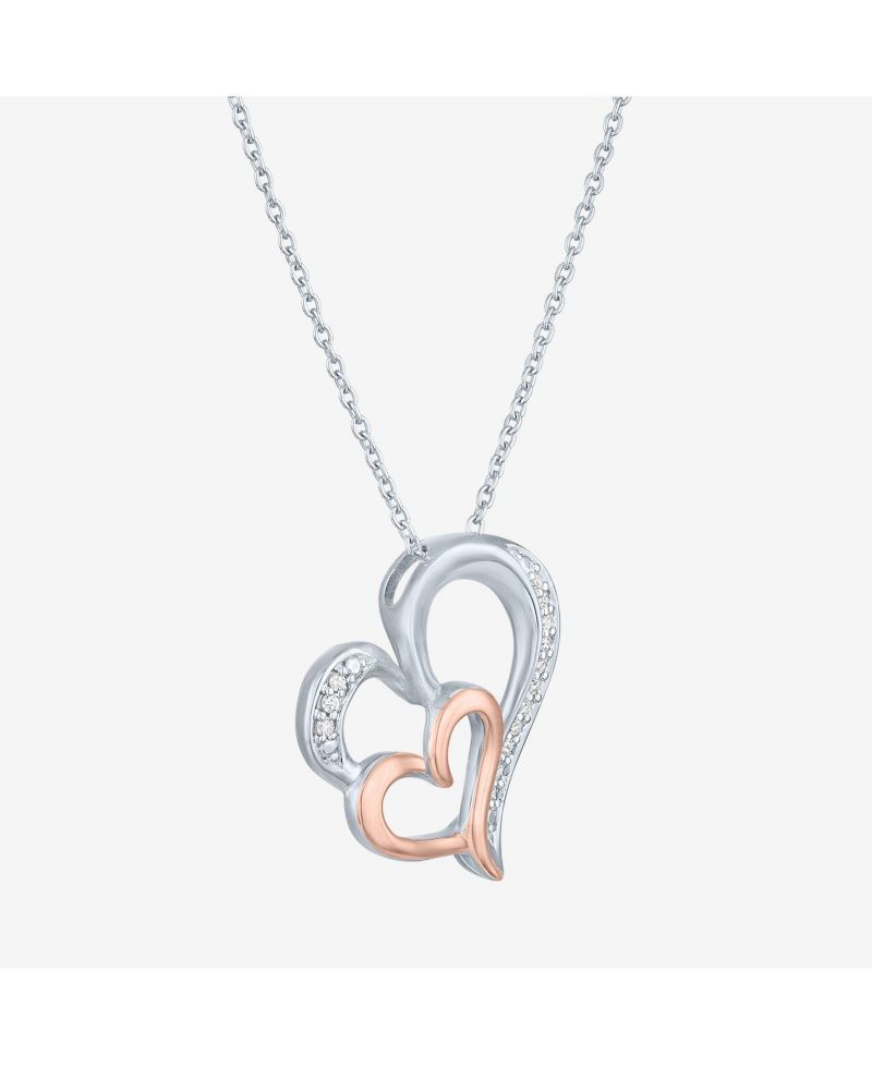 Diamond Double Heart Pendant Necklace in Sterling Silver and 14k Rose Gold (1/10 ct. t.w.)