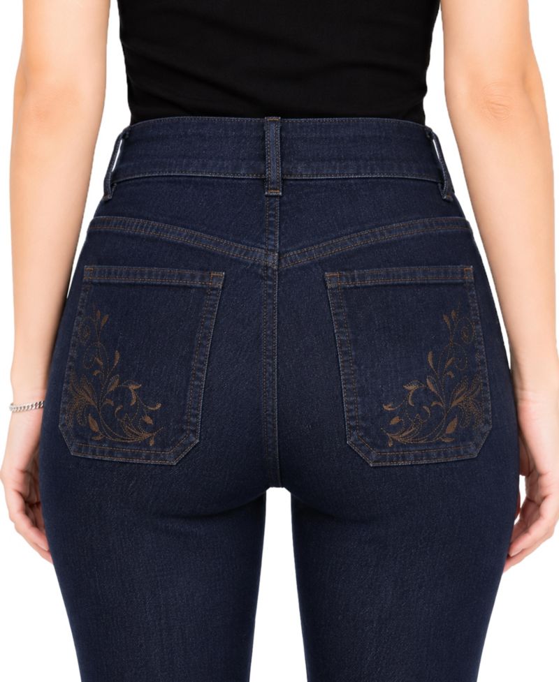 Women's Dark Rinse Tummy Control Bootcut Jean with Back Patch Pocket Embroidery Detail
