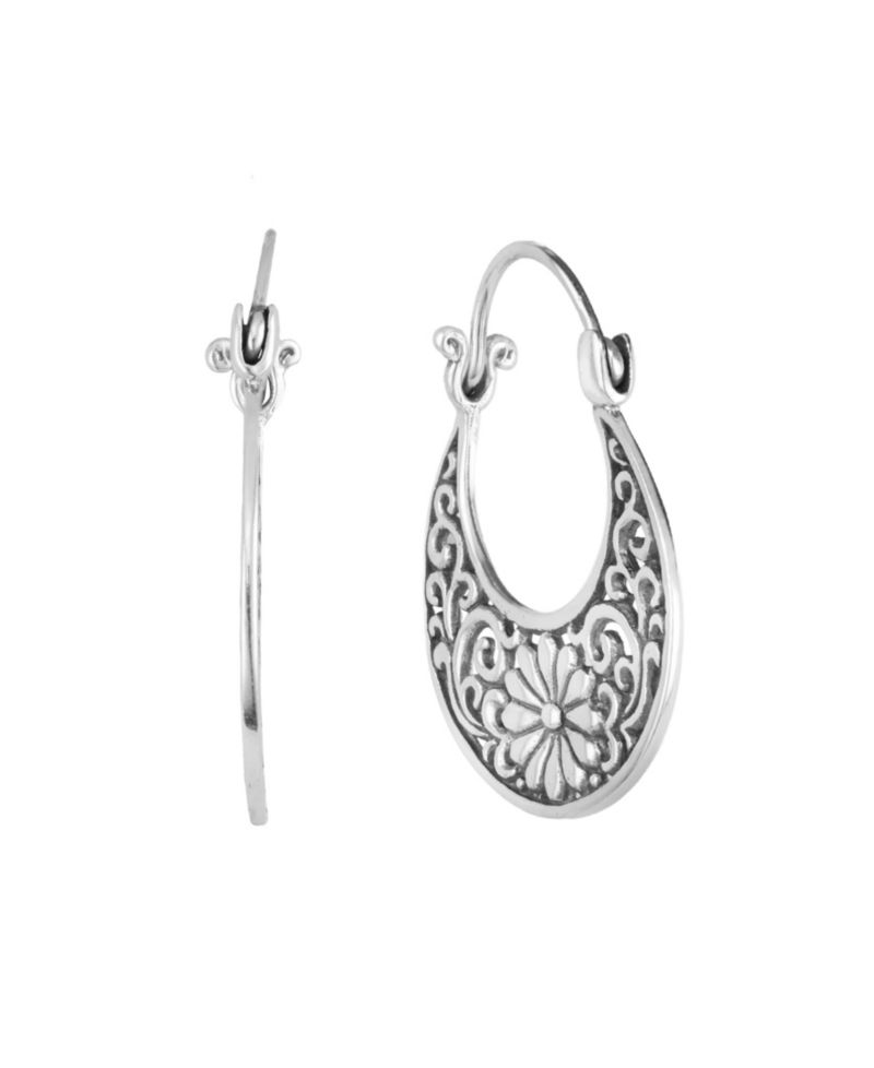 Sterling Silver Oxidized Flower Swirl 1.15" Hoop Earrings