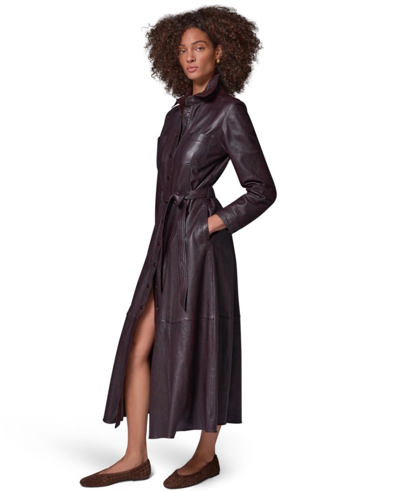Women's Long-Sleeve A-Line Collared Leather Shirt Dress