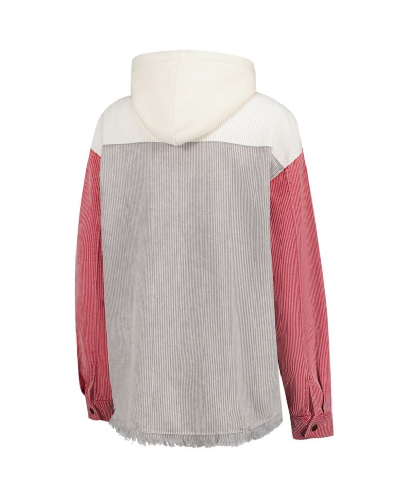 Women's Gray Distressed Wisconsin Badgers Vintage-Like Wash Corduroy Full-Snap Hooded Shacket