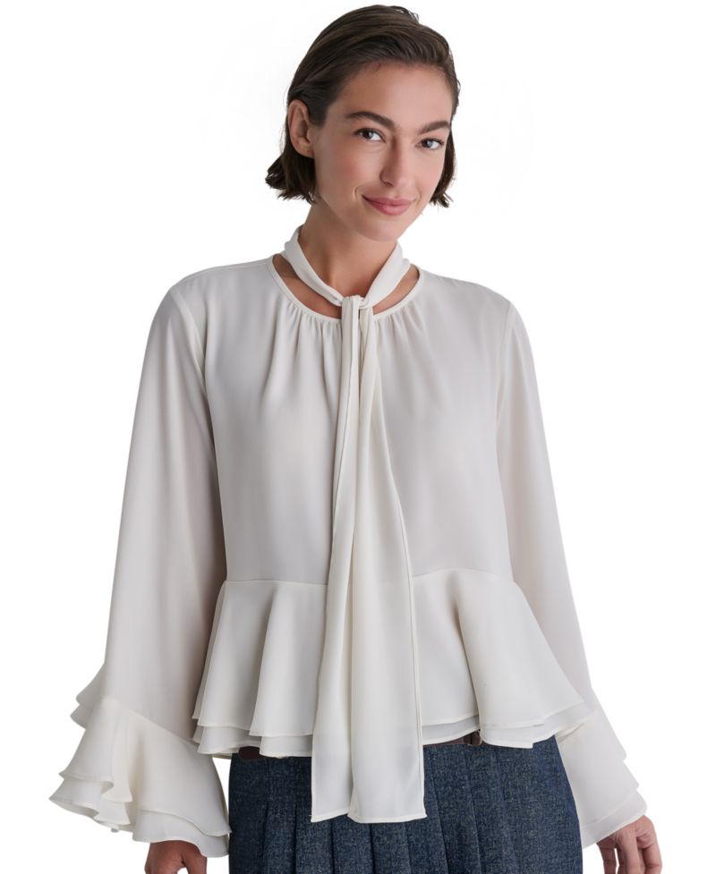 Women's Tie-Neck Long-Sleeve Ruffle Blouse