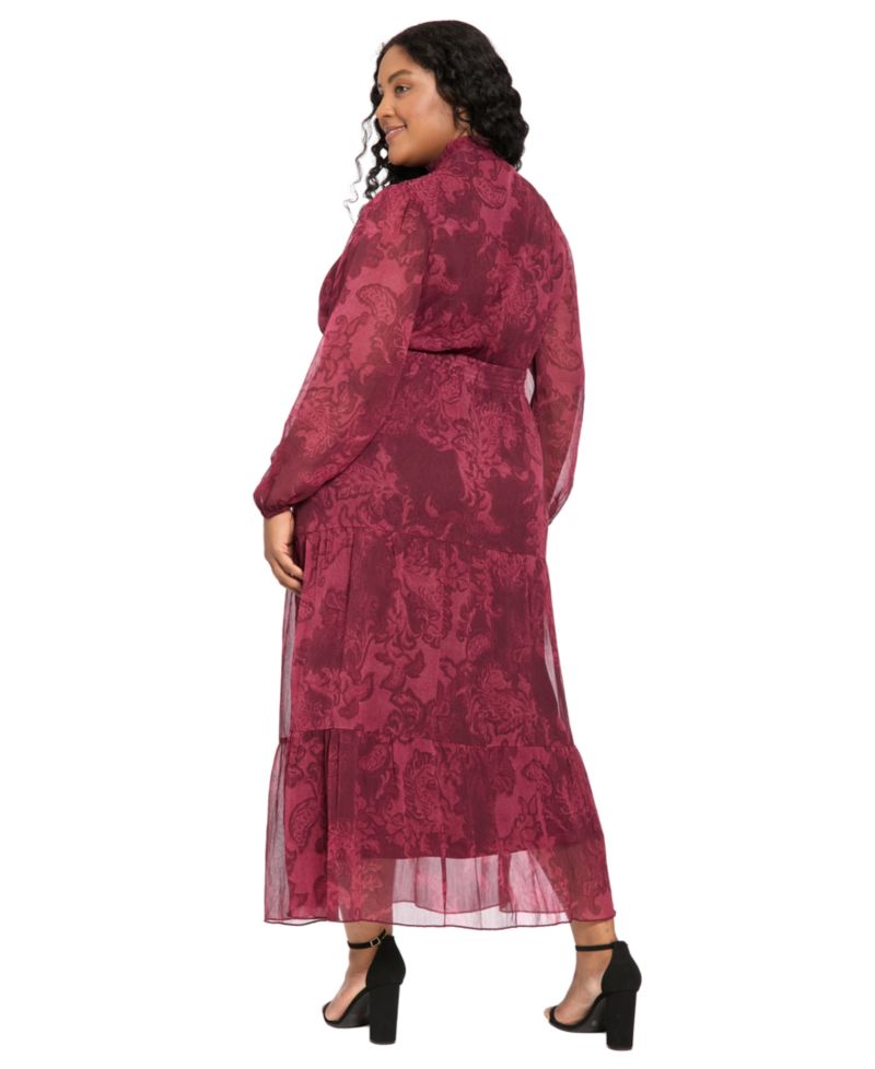 Petite Floral-Print Sheer Long-Sleeve Tiered Long Dress
