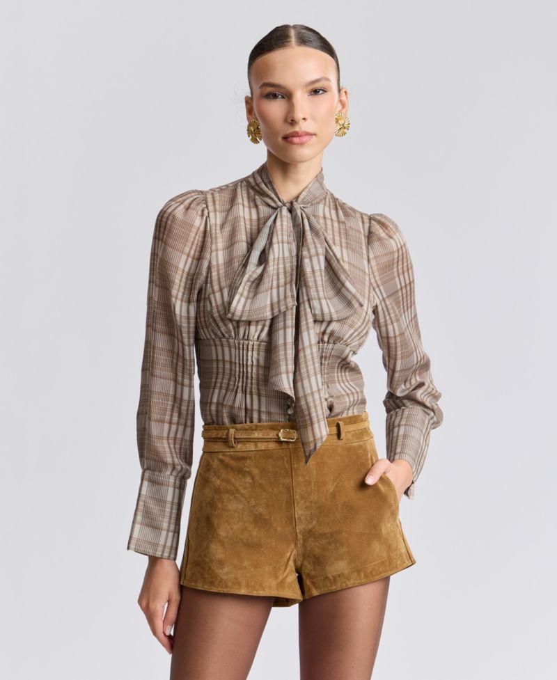 Women's Long Puff-Sleeve Scarf Neck Plaid Blouse